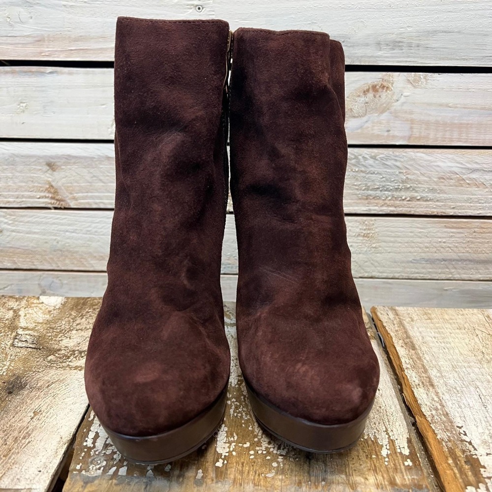 Vince Camuto Brown Suede Platform Ankle Boots Gold Zip Block Heel 6.5B - Picture 3 of 9